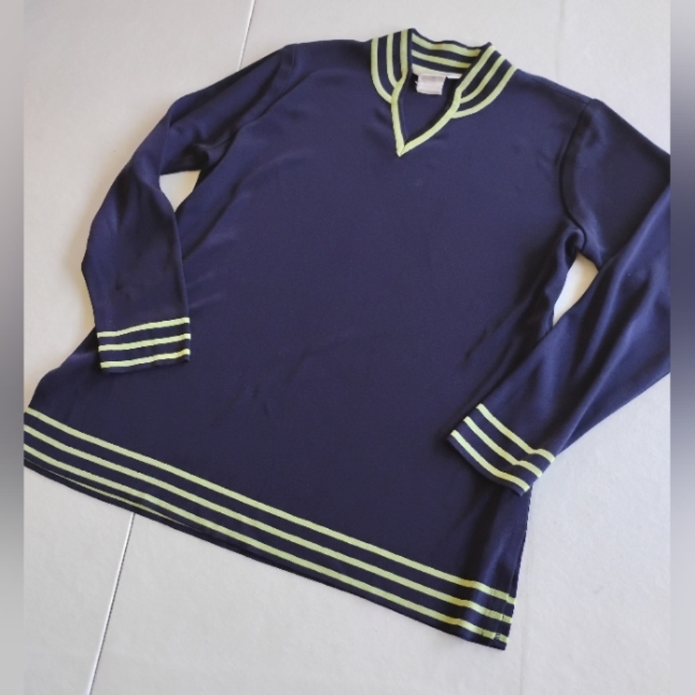 Misook Navy Long Sleeve Top with Striped Accents Size M